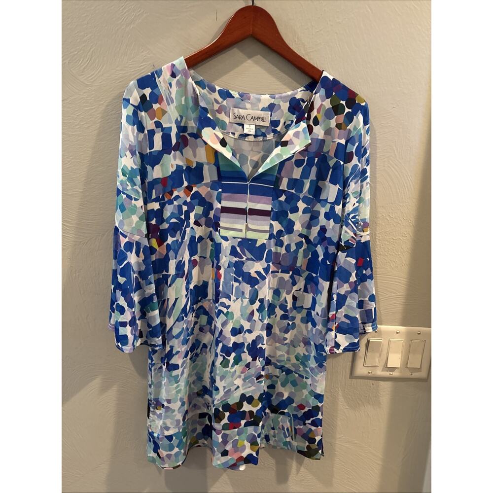 Sara Campbell Blue Abstract 3/4 Bell Sleeve Shift Tunic Blouse Mod Size 8 Travel